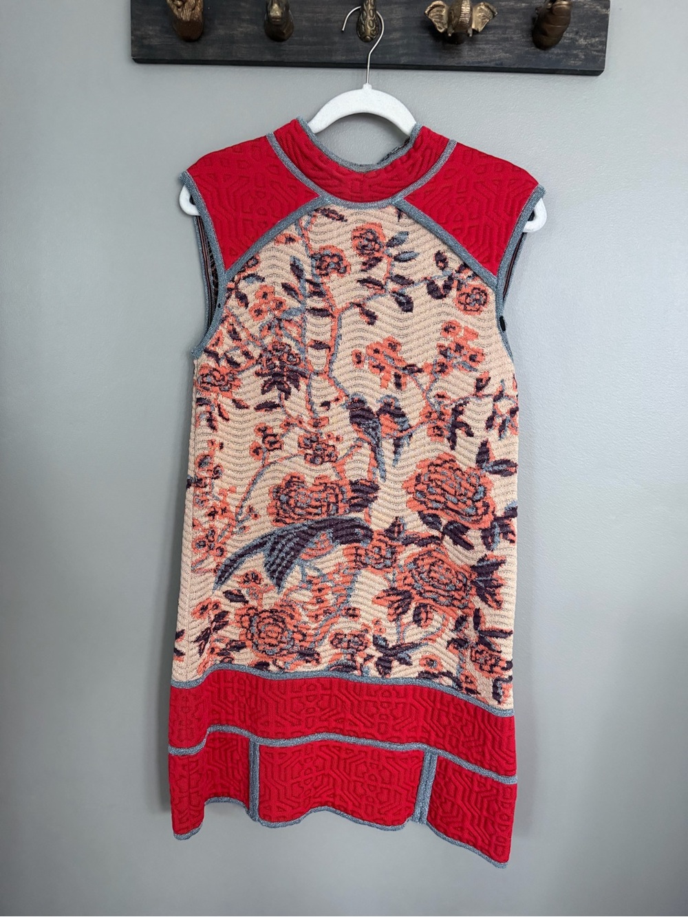 Missoni Sleeveless Floral Knit Dress in Red, Cream and Navy